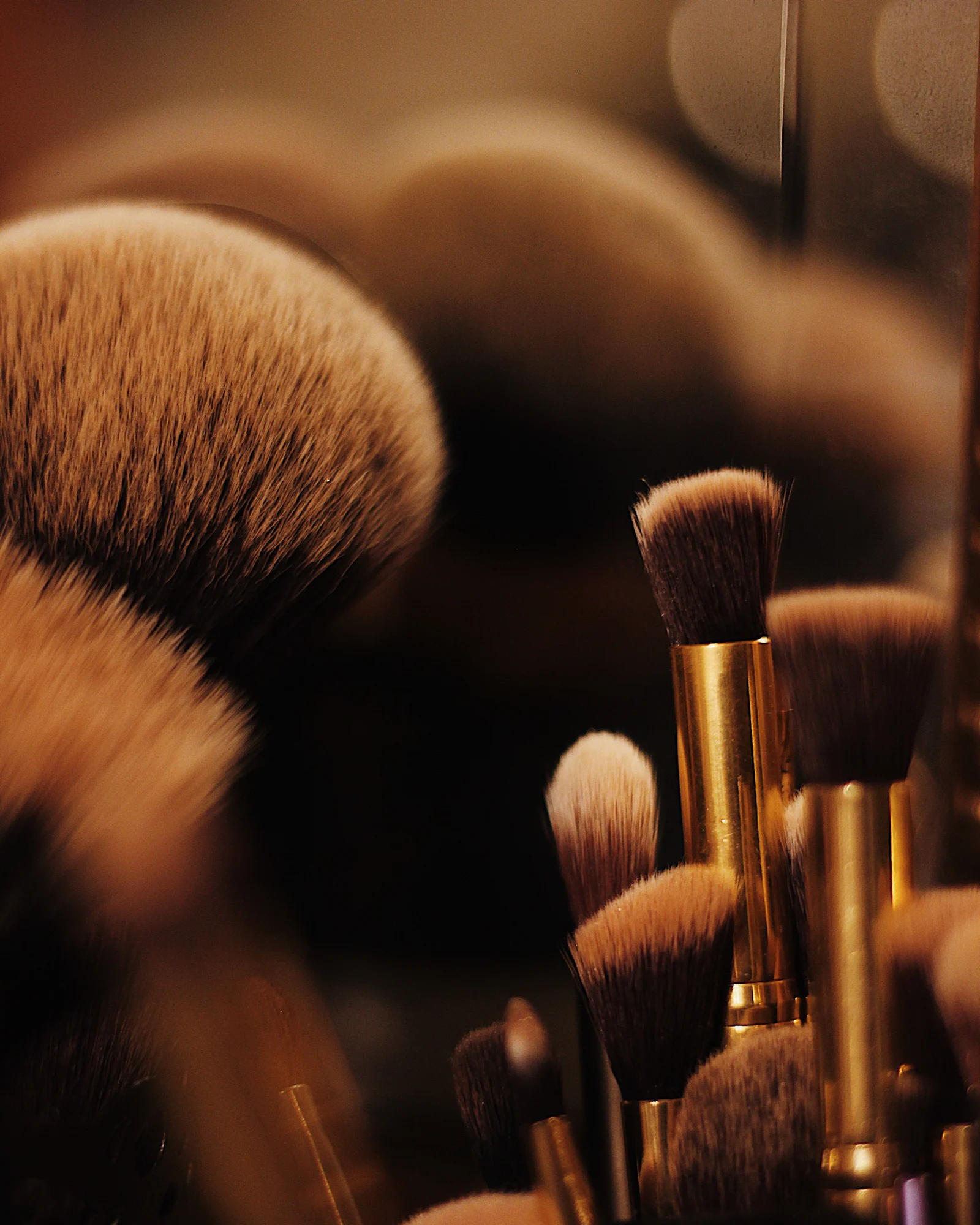 Soft makeup brushes with gold ferrules in warm, low light