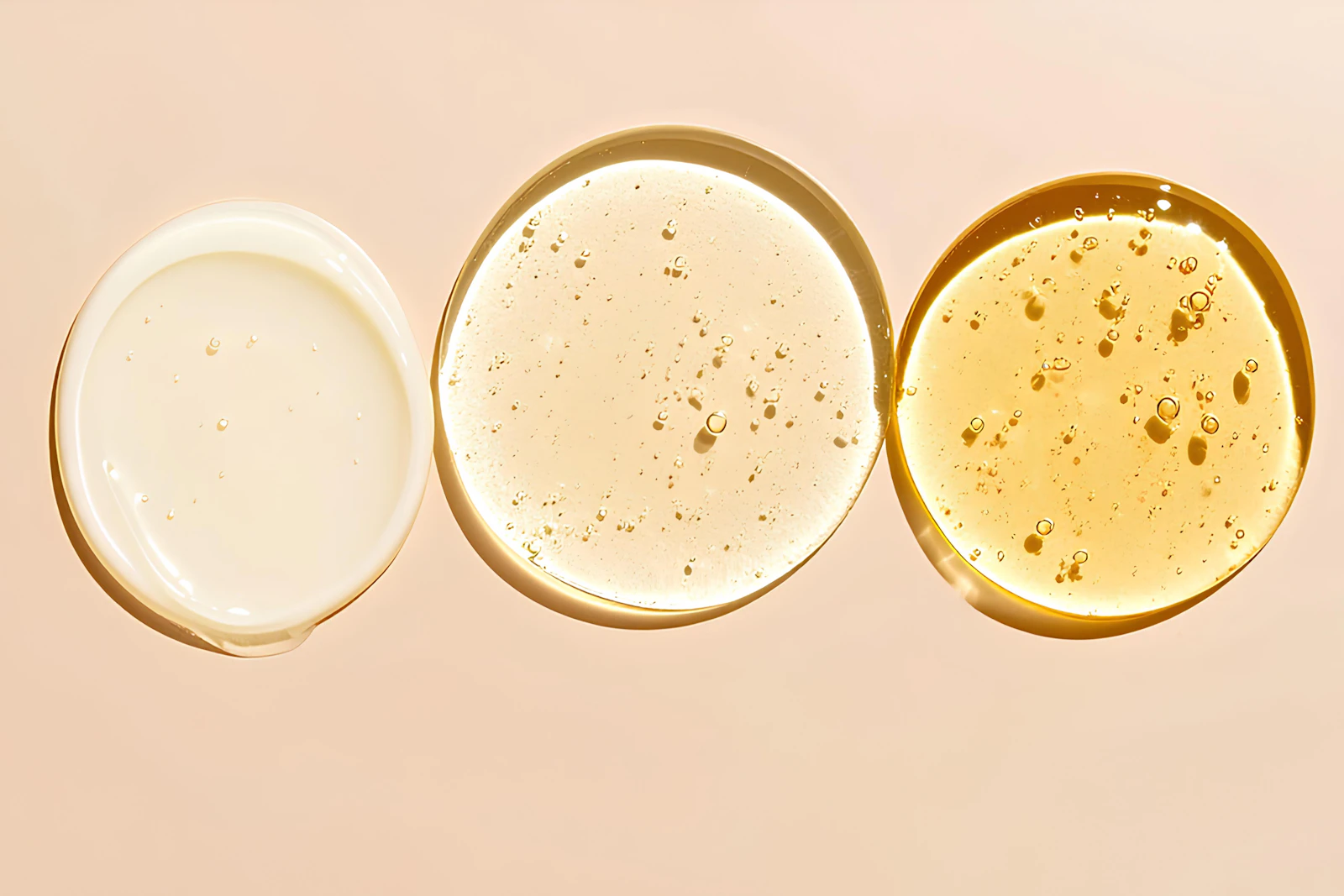 Three pools of oil and balm in clear to golden tones on a peach background